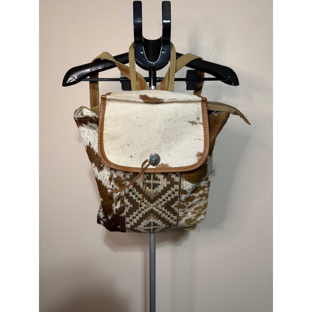 Myra Bag Cowhide Kilim Canvas Backpack Western Boho Hair on Hide Brown White